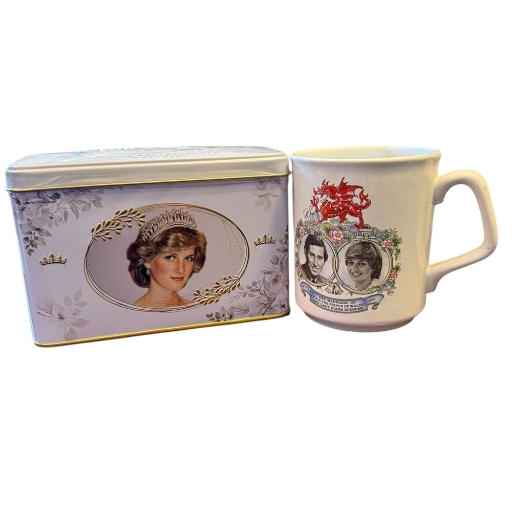 Mug and tea tin marking the wedding of Prince Charles and Lady Diana Spencer